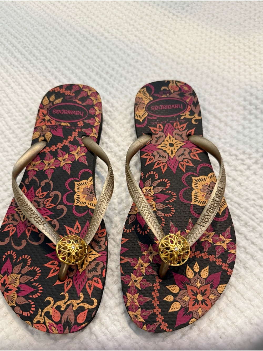 Havaianas Black Flip Flops with Pink and Gold Floral Print